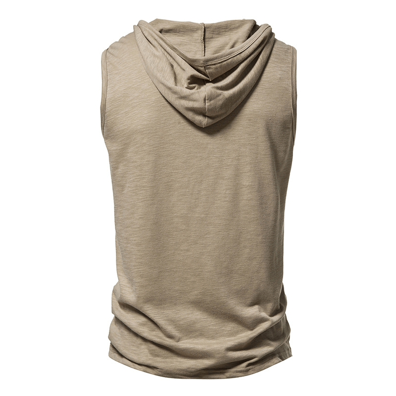 Back view of thin sleeveless workout hoodie for men with buttons, crafted from high-performance cotton and polyester.