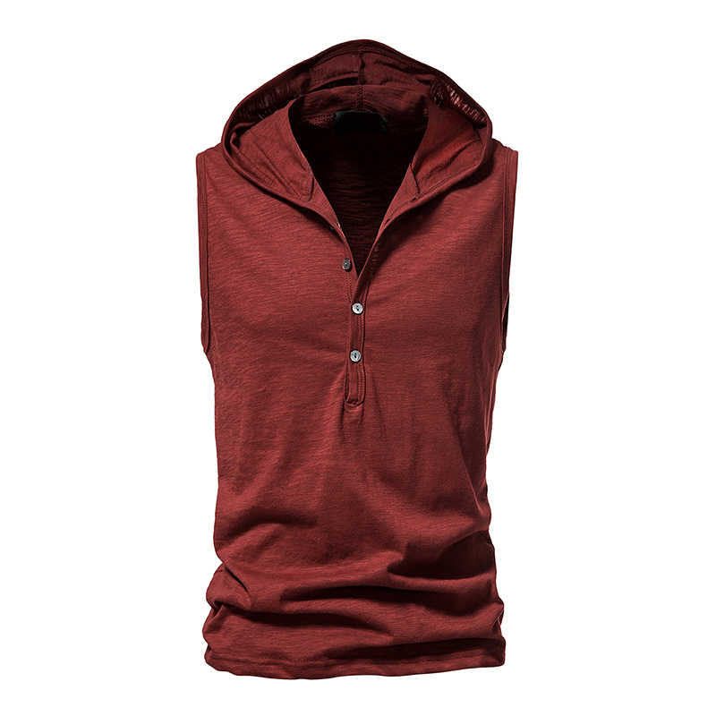 Men's thin sleeveless hoodie with buttons in red, perfect for fitness and sportswear.