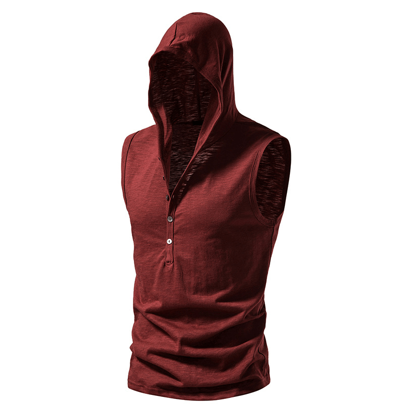 Men's sleeveless hoodie in red with buttons, perfect for fitness and workouts, SF1174 sportswear. Lightweight and stylish design.