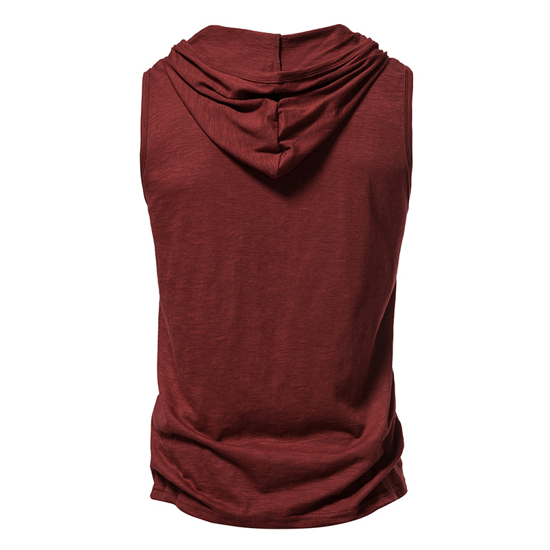 Back view of a red sleeveless men's fitness hoodie with a stylish hood, made from lightweight fabric for comfort during workouts.
