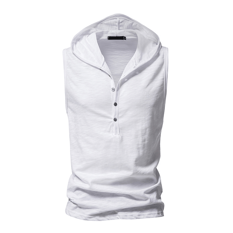 White sleeveless workout hoodie with buttons, perfect for men's fitness and sportswear.