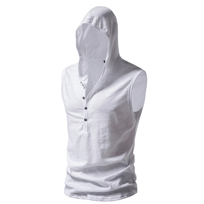 Men's thin sleeveless workout hoodie with buttons, ideal for fitness and sports, made from lightweight cotton-polyester.