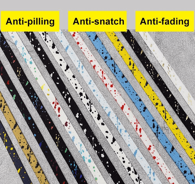 Colorful flat shoelaces with anti-pilling, anti-snatch, anti-fading features, perfect for sports shoes. SF1130.