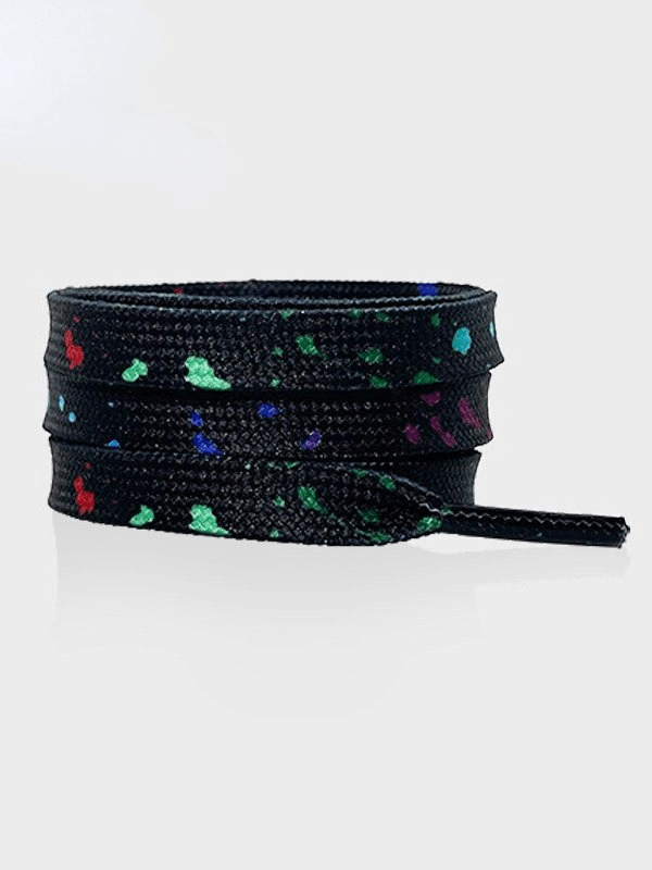 Flat durable black shoelaces with colorful spots for sports shoes, unisex design. Perfect polyester fit, style SF1130.