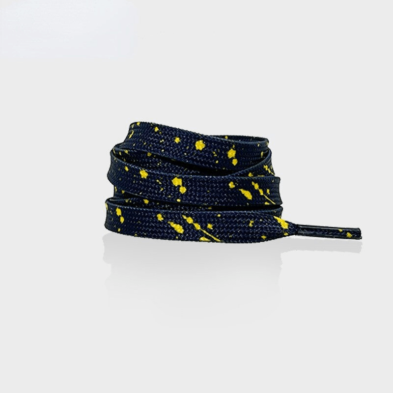 Flat durable navy blue shoelaces with yellow splatter design for sports shoes, crafted from premium polyester for secure fit and style.