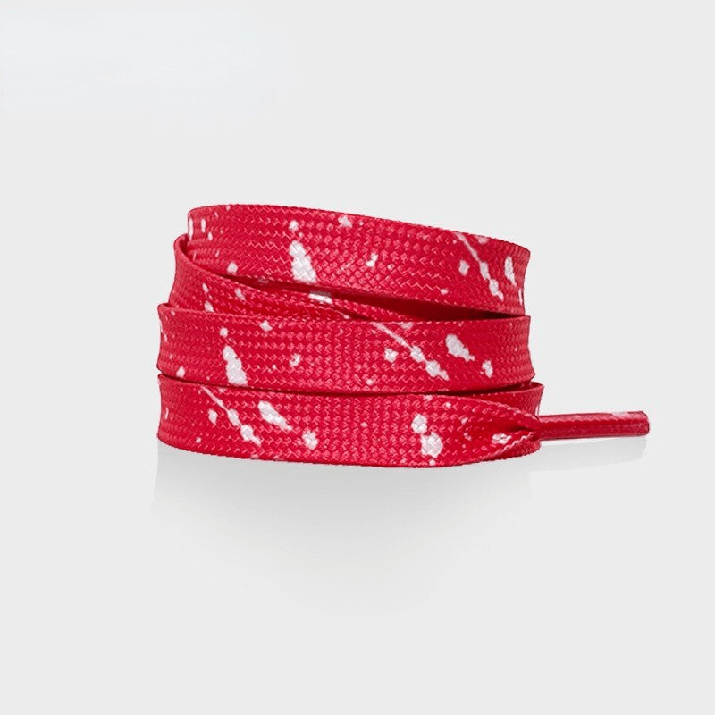 Bright red and white flat durable shoelace for sports shoes, crafted with premium polyester for a colorful and secure fit.