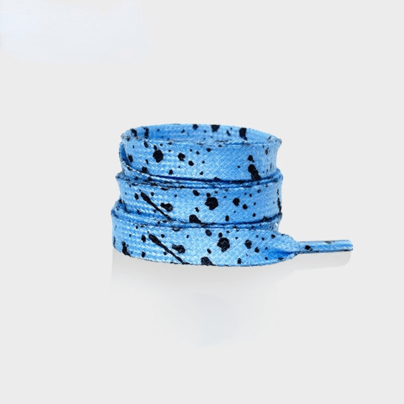 Flat durable blue and black speckled shoelaces for sports shoes, unisex style made of polyester for secure fit and vibrant look.