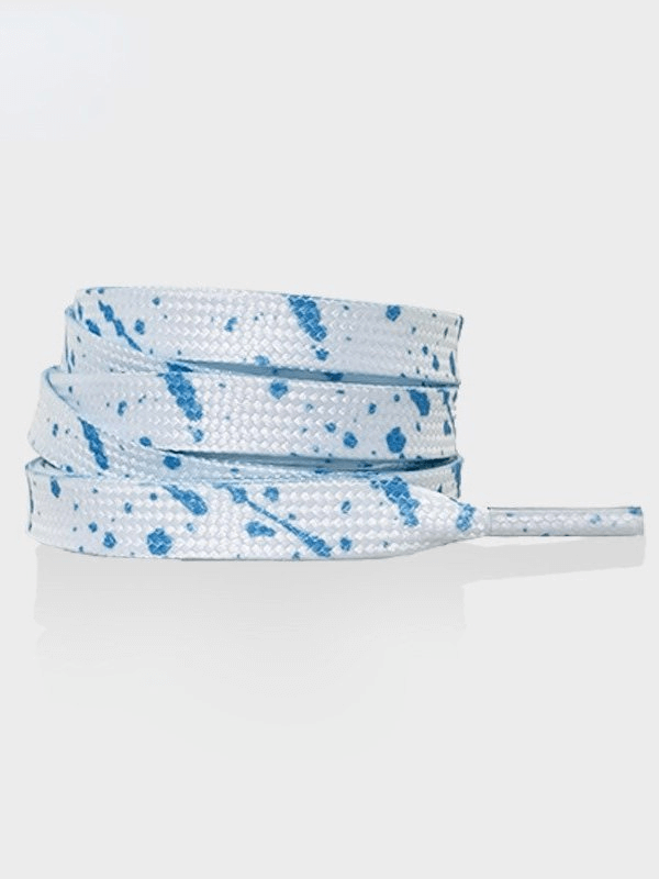 Flat durable colorful shoelace for sports shoes in white with blue speckles, made of premium polyester for a secure fit.