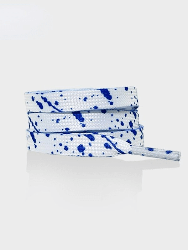 Flat durable colorful shoelaces with blue splatter design, perfect for sports shoes. Made of premium polyester for secure fit. Unisex.