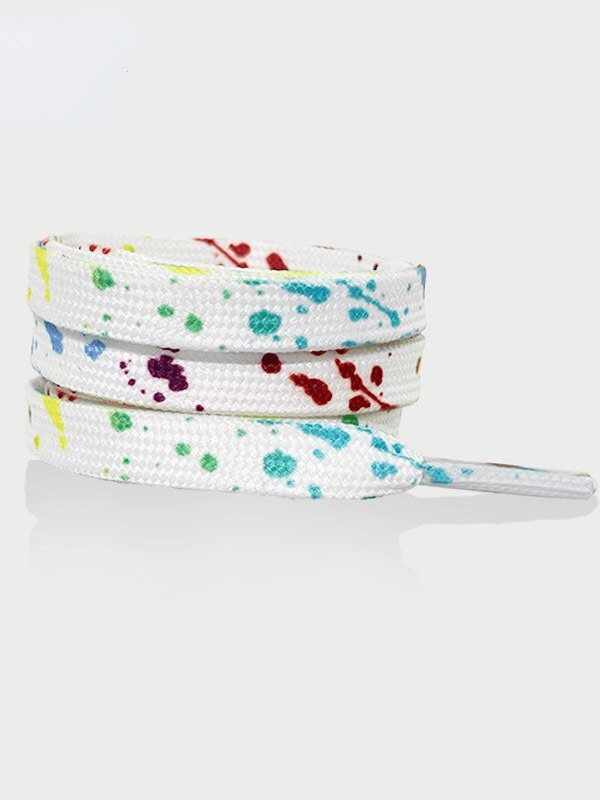 Flat durable colorful shoelaces for sports shoes SF1130, white with multicolor splatter design, made of premium polyester.