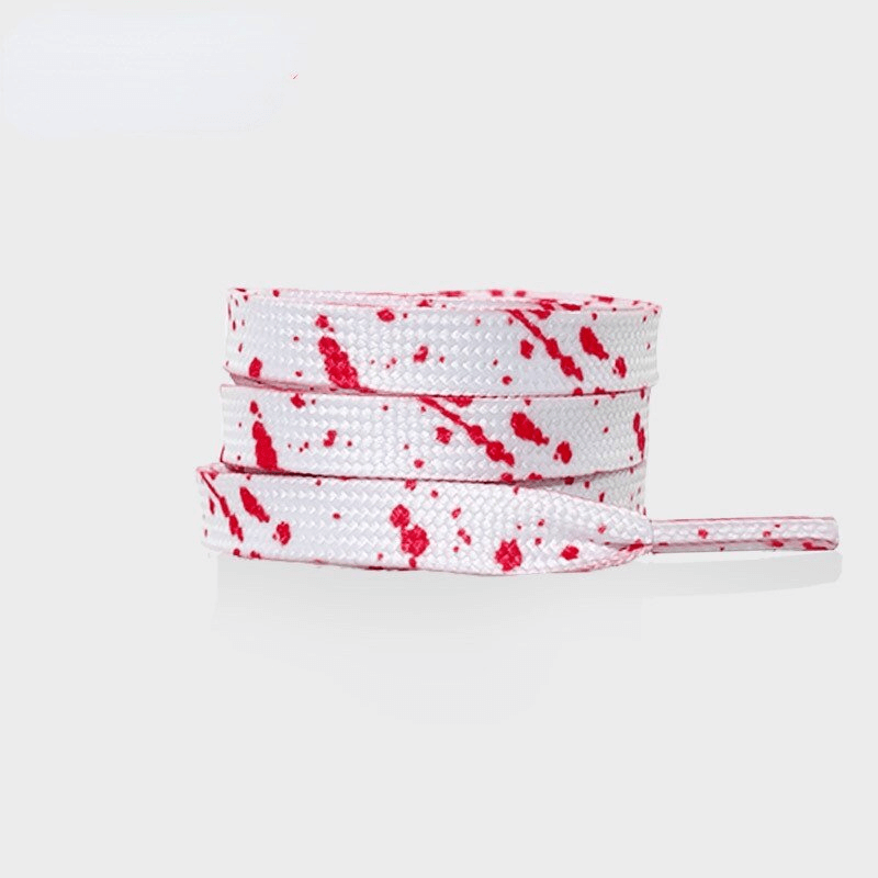 Flat durable colorful speckled shoelaces for sports shoes in white and red, made of polyester, unisex style SF1130.