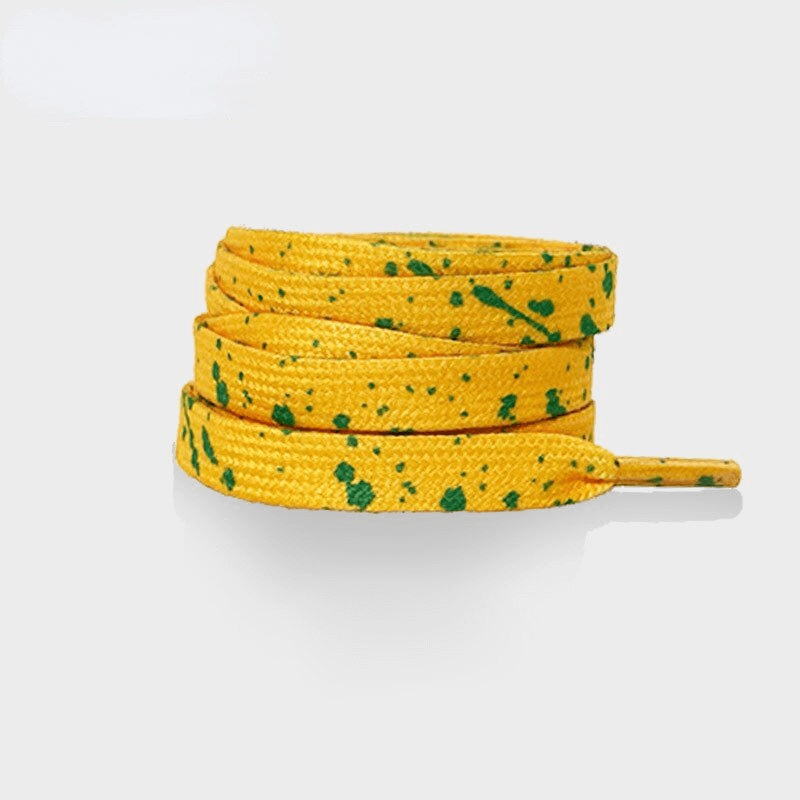 Flat durable colorful shoelaces for sports shoes, premium polyester, solid yellow with green splatter pattern, SF1130.