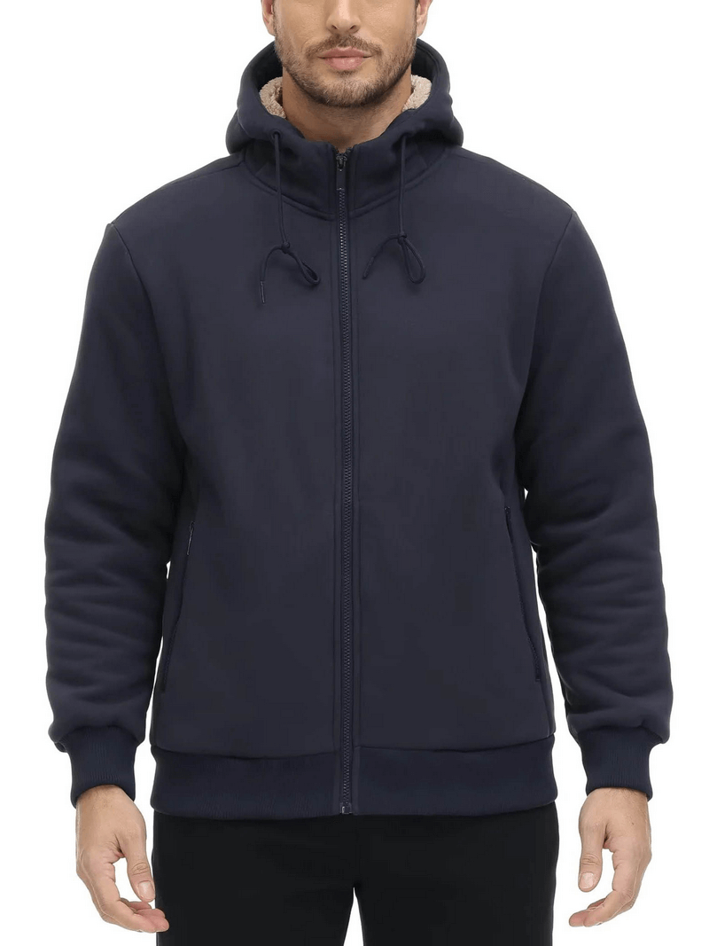 Men's fleece lining sherpa jacket with hood, full-length sleeves, and zipper closure. Perfect for casual sportswear adventures. Model shown.
