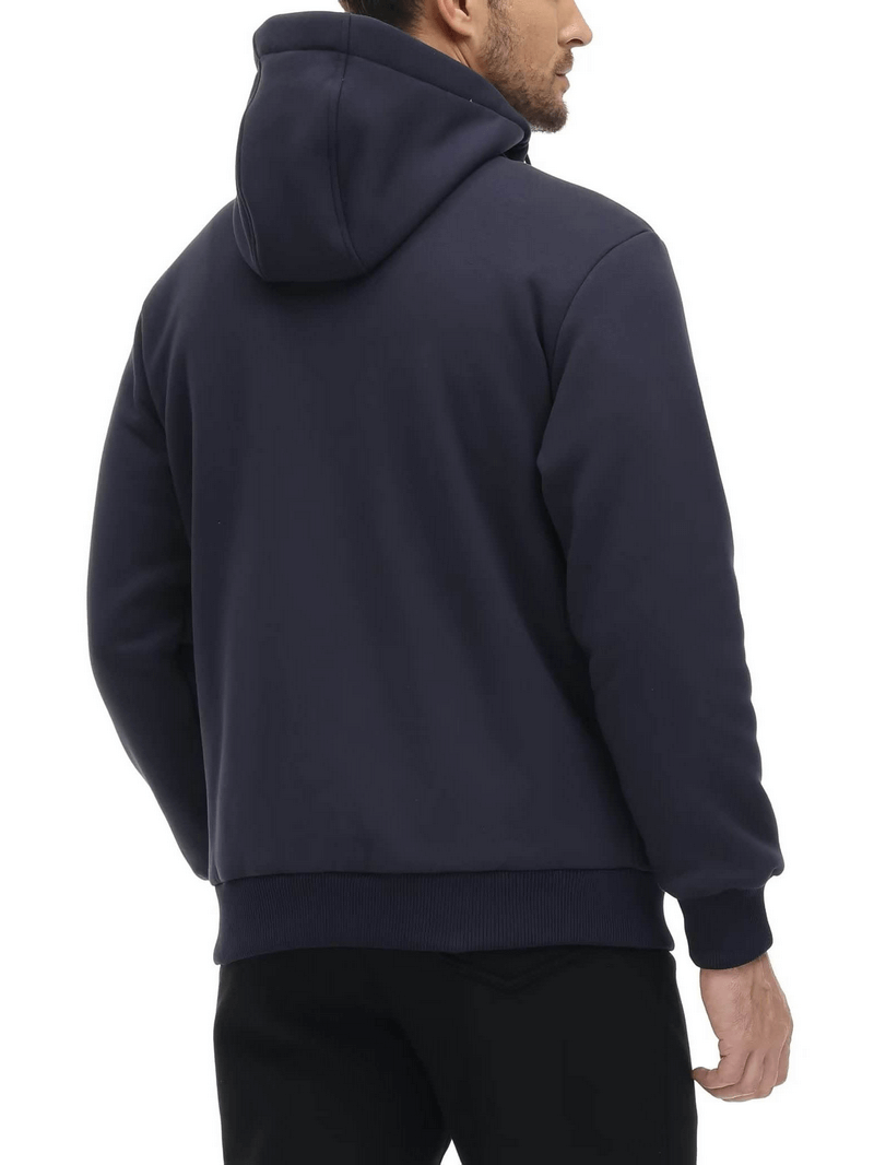 Men's fleece lining zipper Sherpa jacket with hood and pockets in navy, casual sportswear for warmth and comfort, back view.