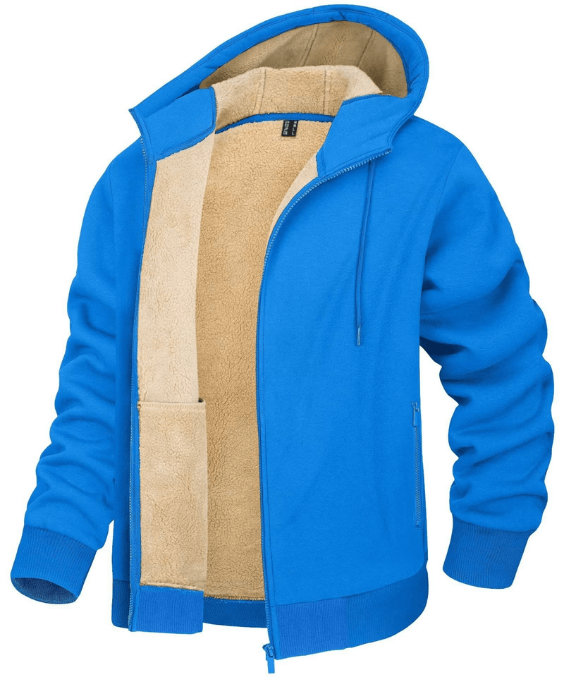Blue Fleece Lining Zipper Sherpa Jacket with Hood, Pockets, and Full Sleeves - Casual Sportswear SF0399