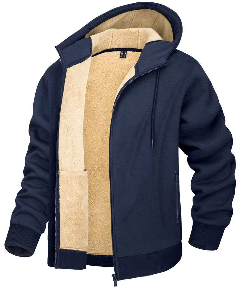 Navy fleece lining sherpa jacket with hood and pockets, perfect casual sportswear. Features zipper closure, made of cotton, polyester, and spandex.