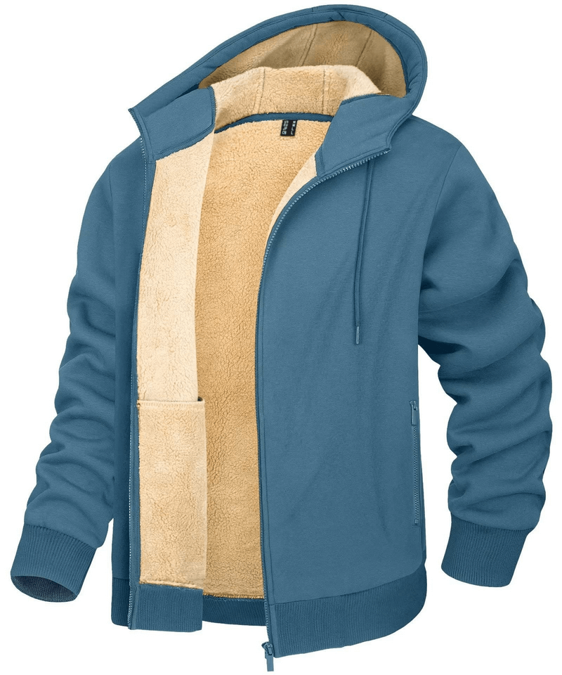 Blue fleece lining zipper sherpa jacket with hood and pockets, casual sportswear, stylish and warm, men's outerwear SF0399