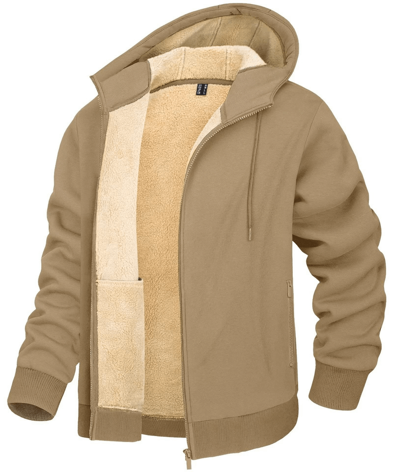 Men's fleece-lined sherpa jacket with hood in beige, zipper closure, casual sportswear, warm cotton-polyester blend, stylish and cozy.