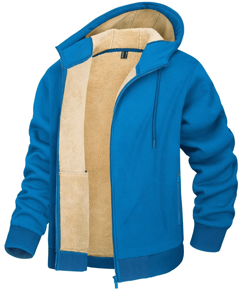 Blue fleece lining zipper sherpa jacket with hood and pockets, casual sportswear for men, warm cotton-polyester blend.