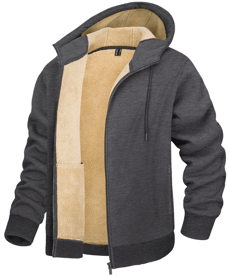 Men's fleece-lined sherpa jacket with hood, featuring full-length sleeves, zipper closure, and pockets, perfect for casual sportswear.