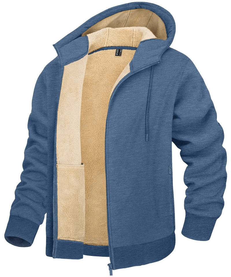 Blue fleece lining Sherpa jacket with hood, zipper, and pockets, ideal for casual sportswear, showcasing soft interior and warm design.