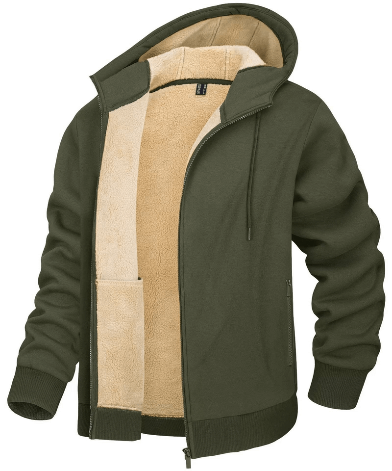 Fleece lining zipper Sherpa jacket with hood and pockets in olive green, perfect casual sportswear for men, warm and breathable.