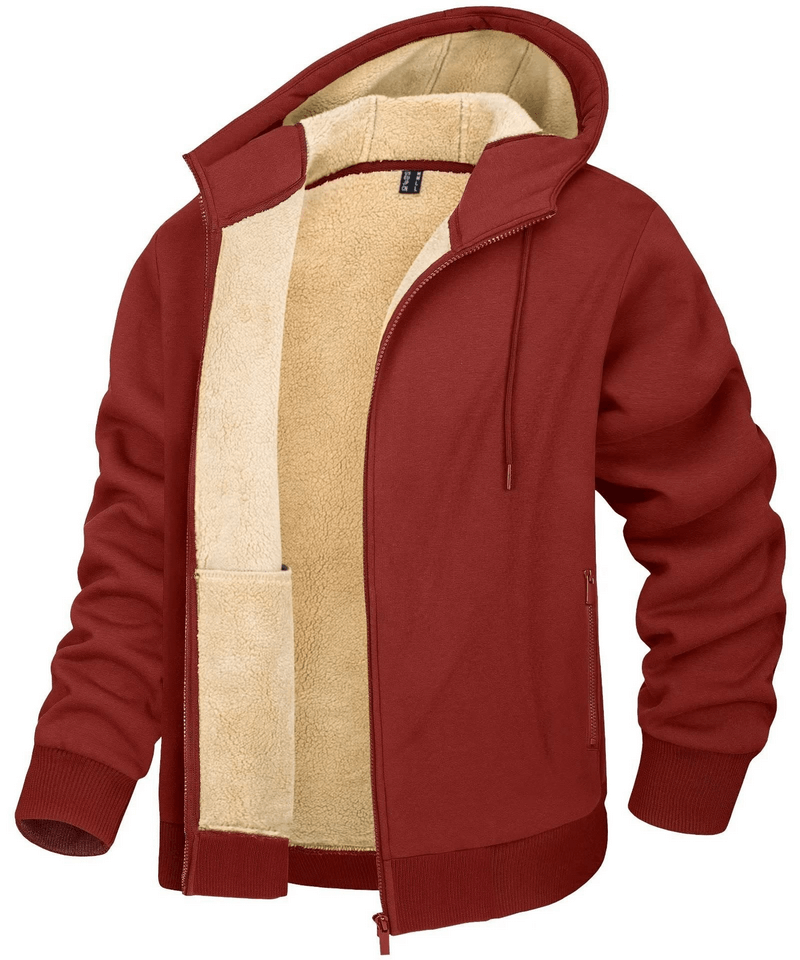 Red Sherpa jacket with fleece lining, hood, and pockets, perfect for casual sportswear. Item code: SF0399.