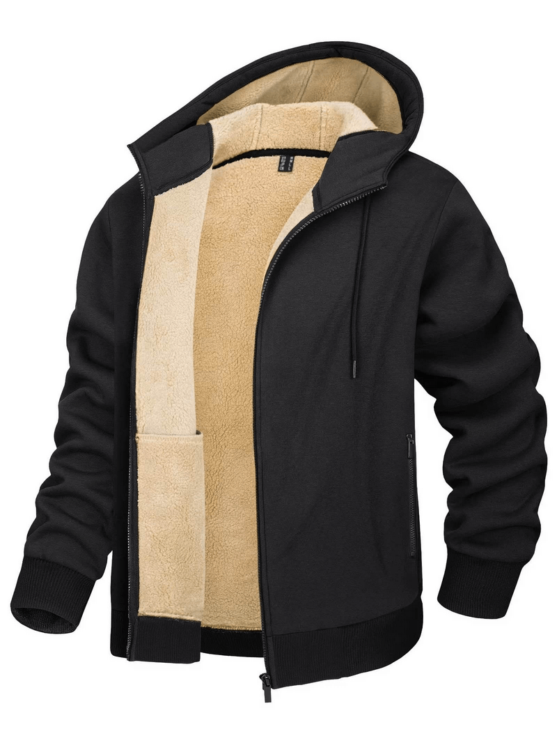 Black sherpa jacket with fleece lining, hood, and pockets; perfect casual sportswear for warmth and style.