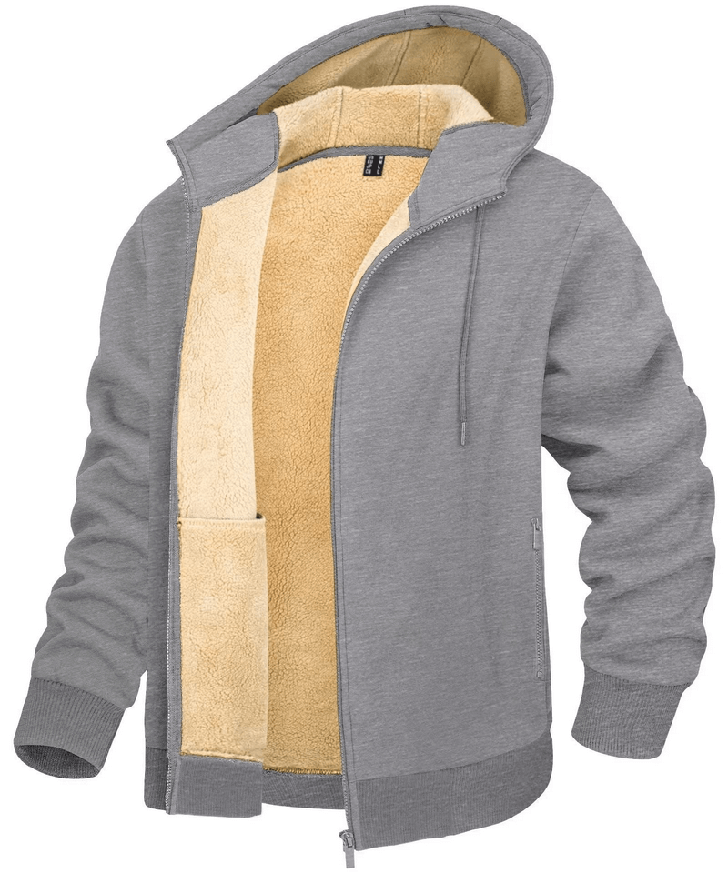 Grey fleece-lined Sherpa jacket with hood, zipper, and pockets, ideal for casual sportswear. Cozy cotton-polyester-spandex blend.