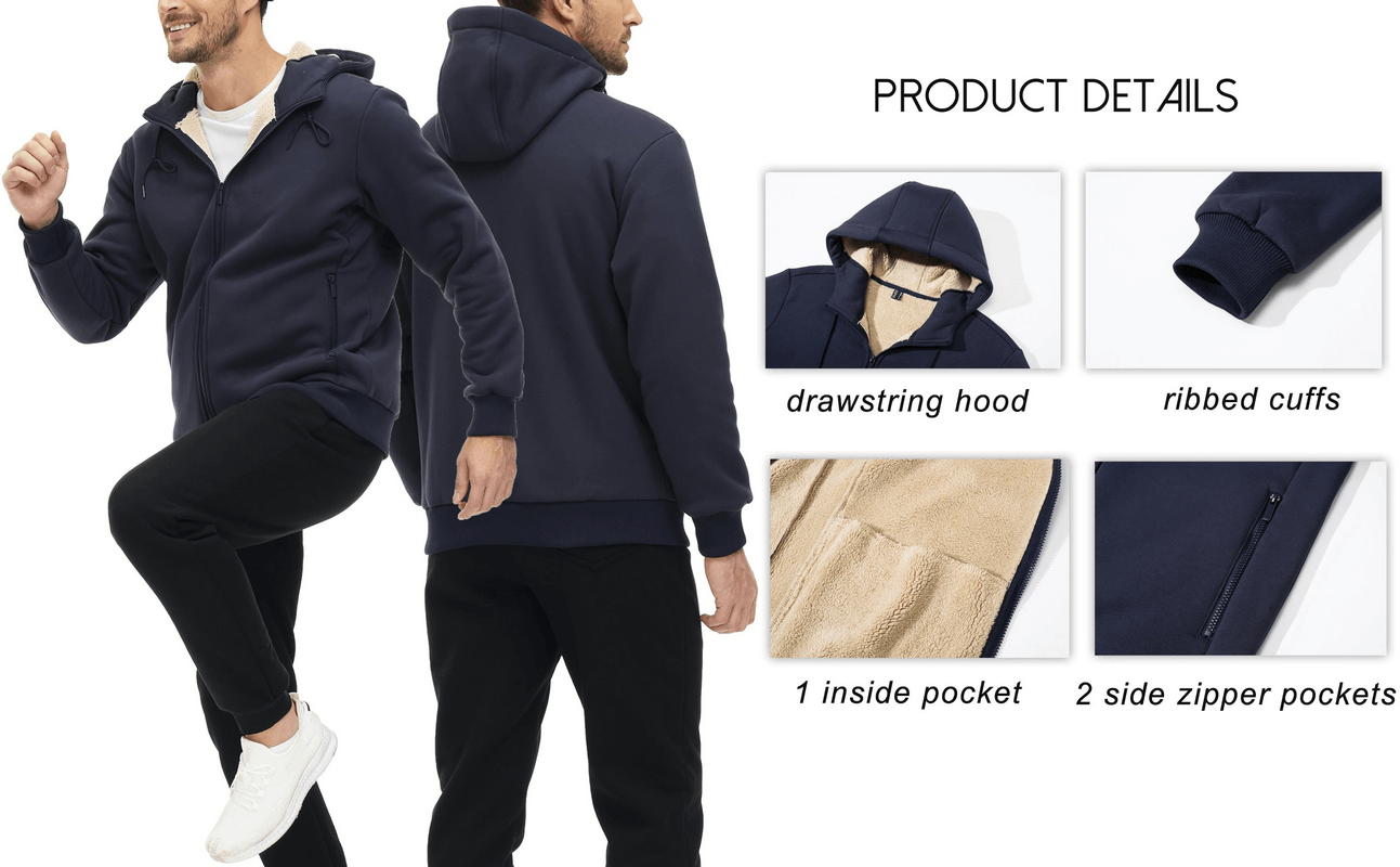 Men's fleece lining zipper sherpa jacket with hood, ribbed cuffs, and pockets, perfect for casual sportswear, in navy blue.