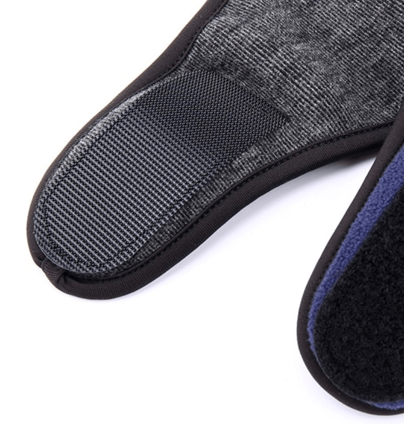 Close-up of fleece sports windproof face mask with adjustable fastener, highlighting material texture and closure detail.