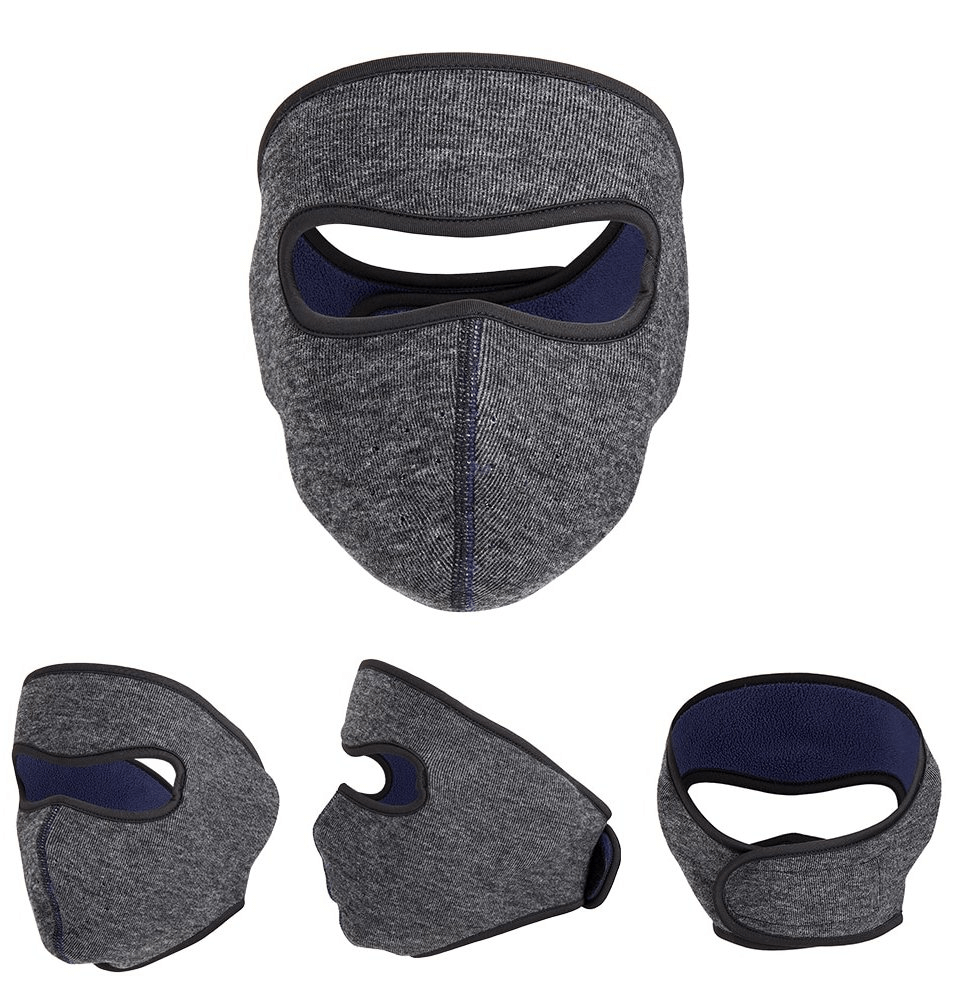 Fleece sports windproof face mask with adjustable fastener, unisex design, showing front, side, and back views, blocks UV rays.