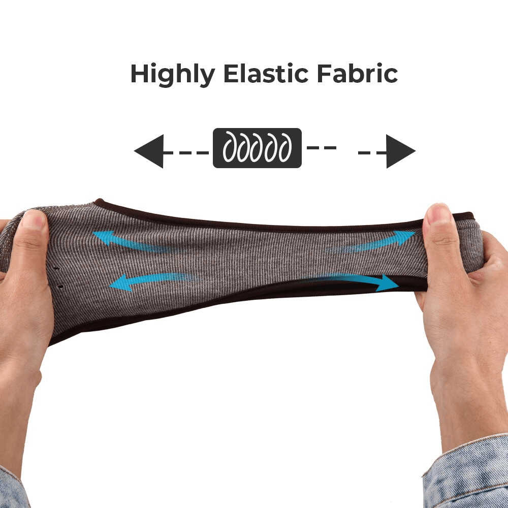 Hands stretching a fleece sports windproof face mask showcasing its highly elastic fabric and durability.