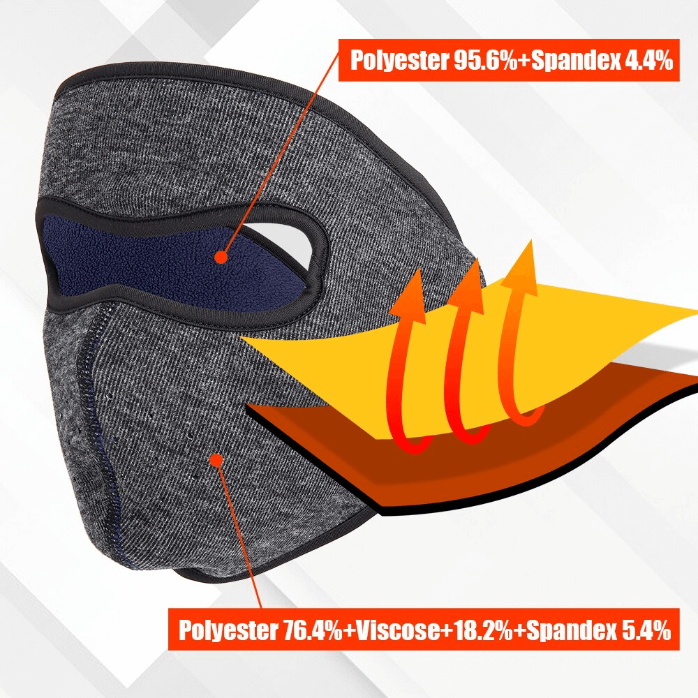 Fleece windproof face mask with adjustable fastener, showing polyester and spandex material composition, designed for outdoor sports.