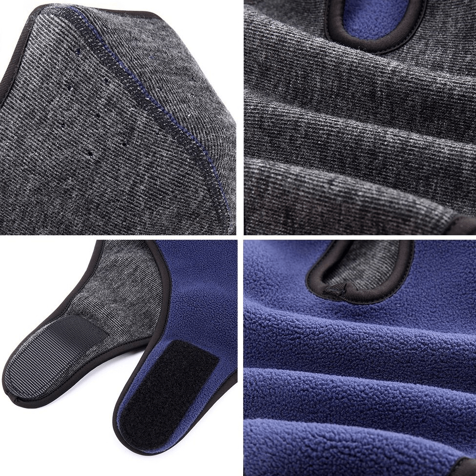 Close-up of fleece windproof face mask with adjustable fastener, showcasing breathable fabric and velcro closure, perfect for outdoor activities.