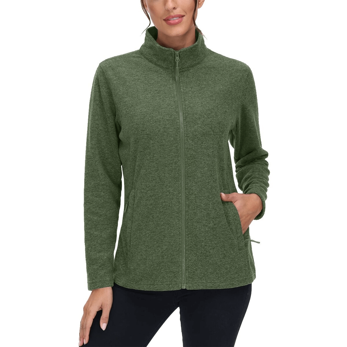 Fleece Women's Sweatshirt with Zipper in green, designed for running, featuring a stand collar and pockets for style and warmth.