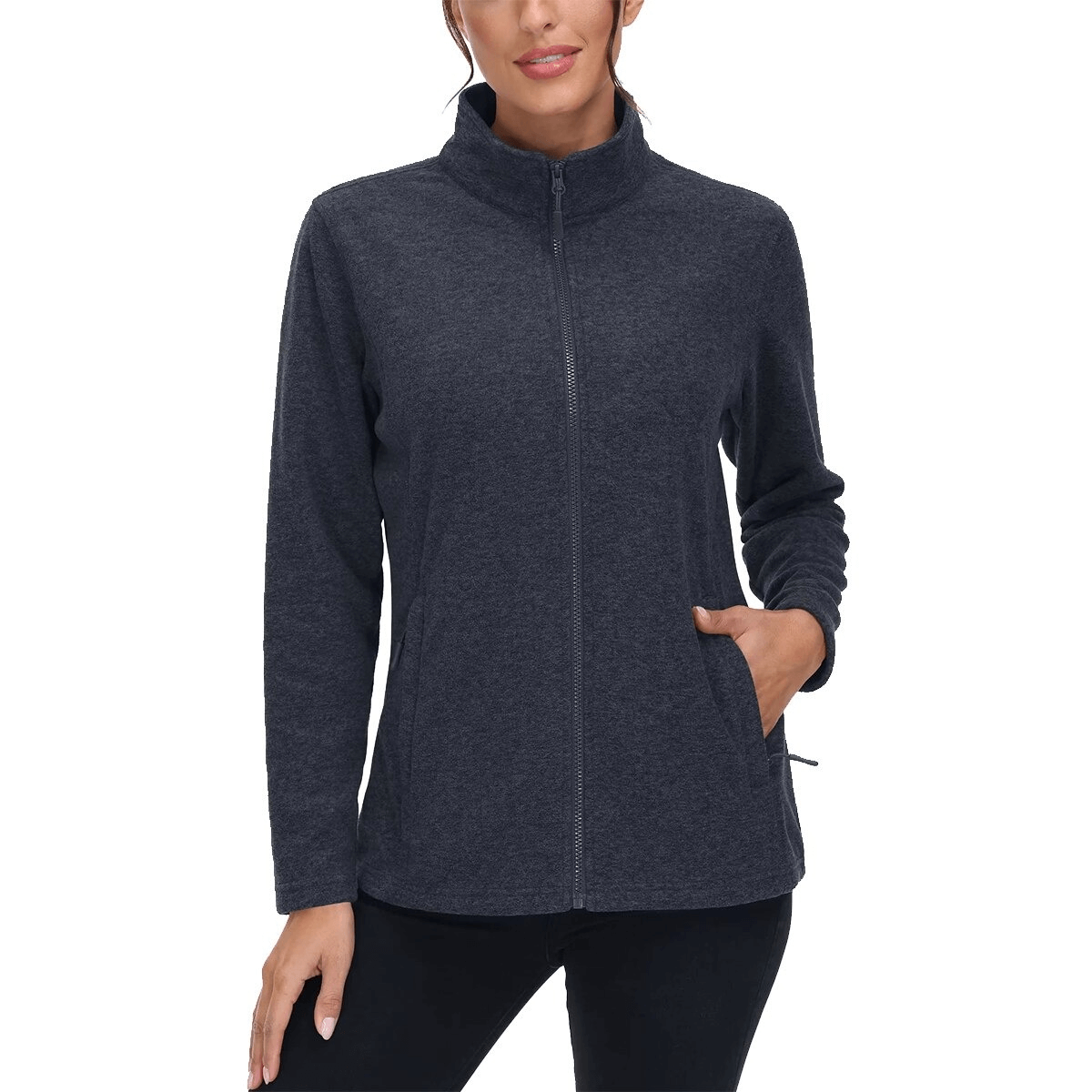 Fleece women's running sweatshirt with zipper, stand collar, and pockets in dark grey, perfect for warmth and style - SF0127.
