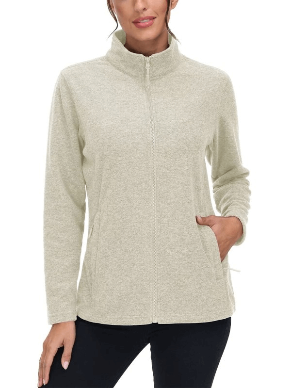 Fleece women's sweatshirt with zipper for running, light grey, featuring pockets and stand collar, perfect for warmth and comfort.