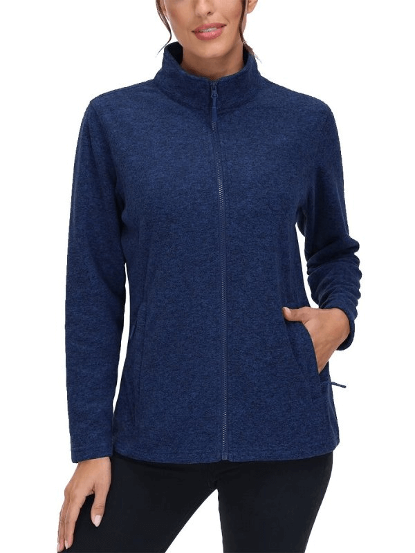 Fleece Women's Running Sweatshirt with Zipper, Stand Collar, and Pockets in Navy Blue - SF0127