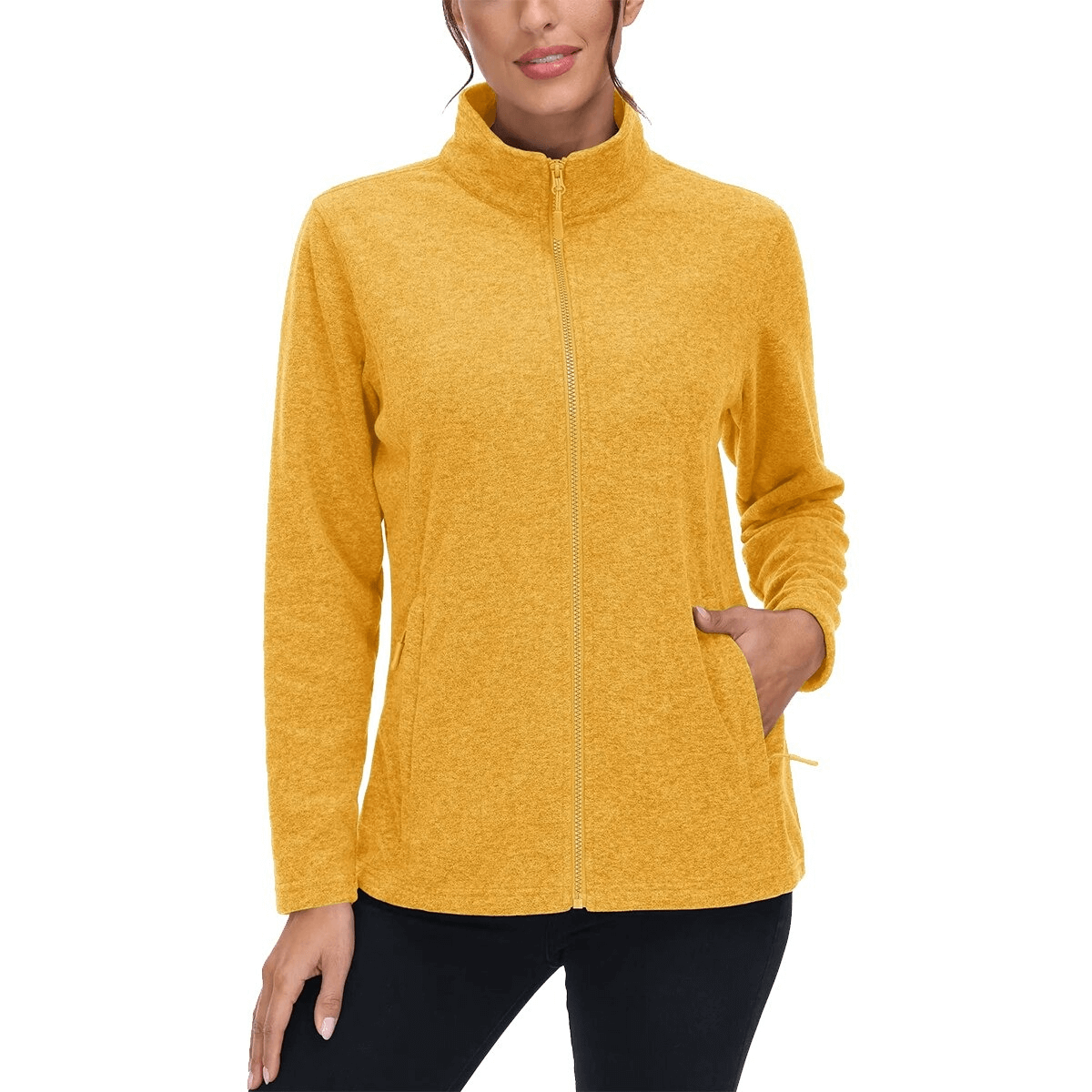 Fleece Women's Zipper Sweatshirt in Yellow for Running, warm polyester material, sporty design with pockets, perfect for cold weather.