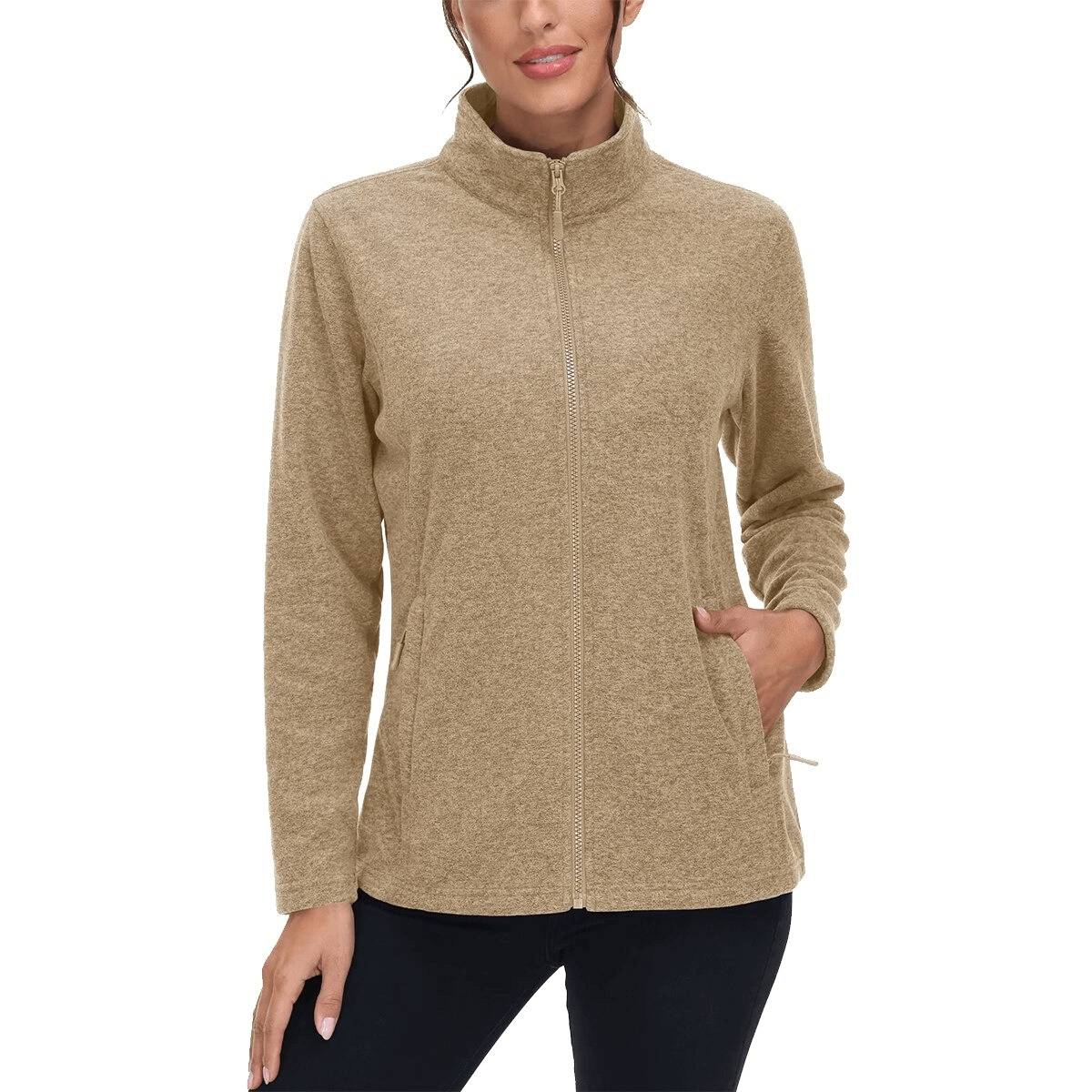 Fleece women's sweatshirt with zipper, perfect for running. Stylish tan color with stand collar and pockets for comfort and warmth.