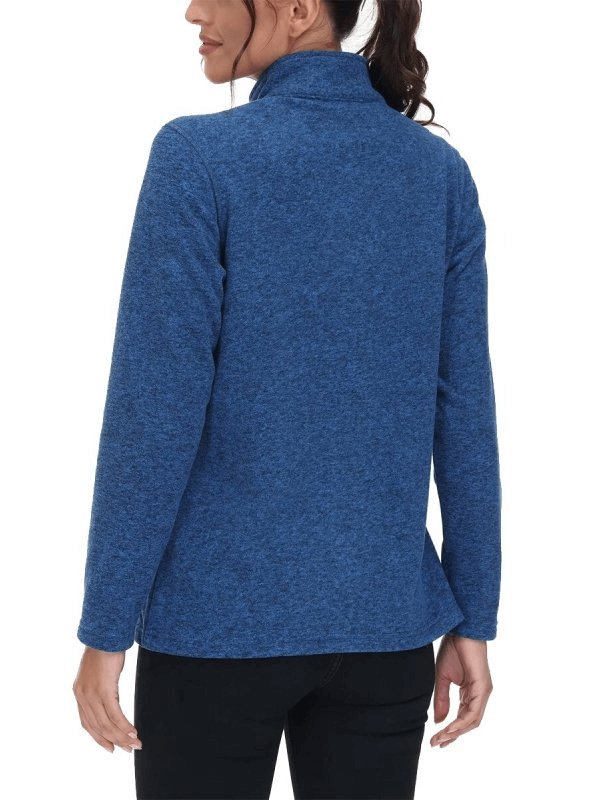 Back view of blue fleece women's sweatshirt with stand collar and zipper, ideal for running and sports. Comfort meets style - SF0127.