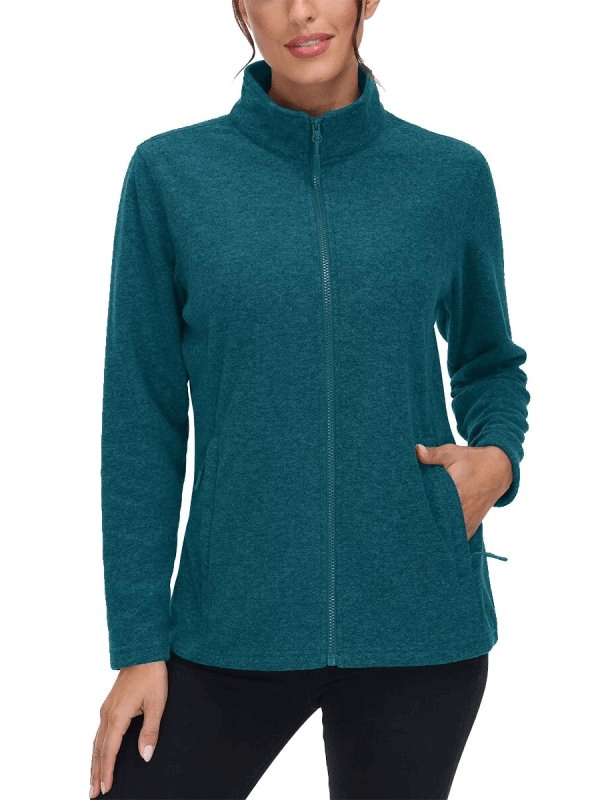 Women's fleece sweatshirt with zipper for running, teal color, stand collar, pockets, polyester, warm and stylish sportswear.