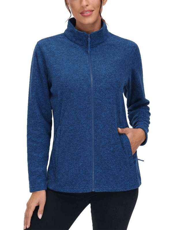 Blue fleece women's sweatshirt with zipper, perfect for running, featuring pockets and stand collar for warmth and style - SF0127