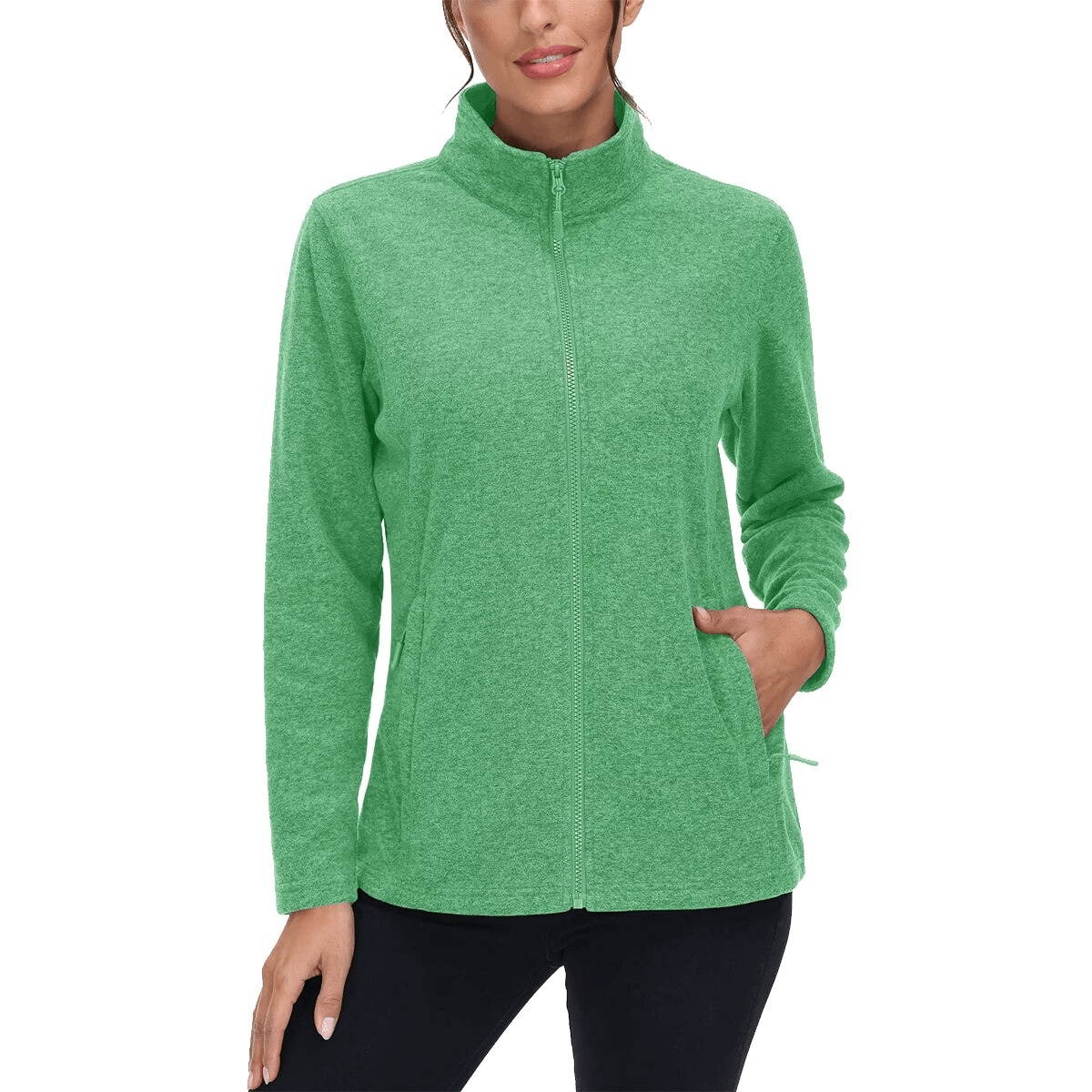 Fleece women's sweatshirt for running with a zipper, in vibrant green, featuring a stand collar and pockets for warmth and style - SF0127.