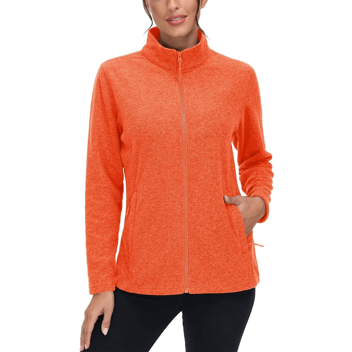 Bright orange fleece women's sweatshirt with zipper, designed for running, featuring pockets and stand collar for warmth and style.