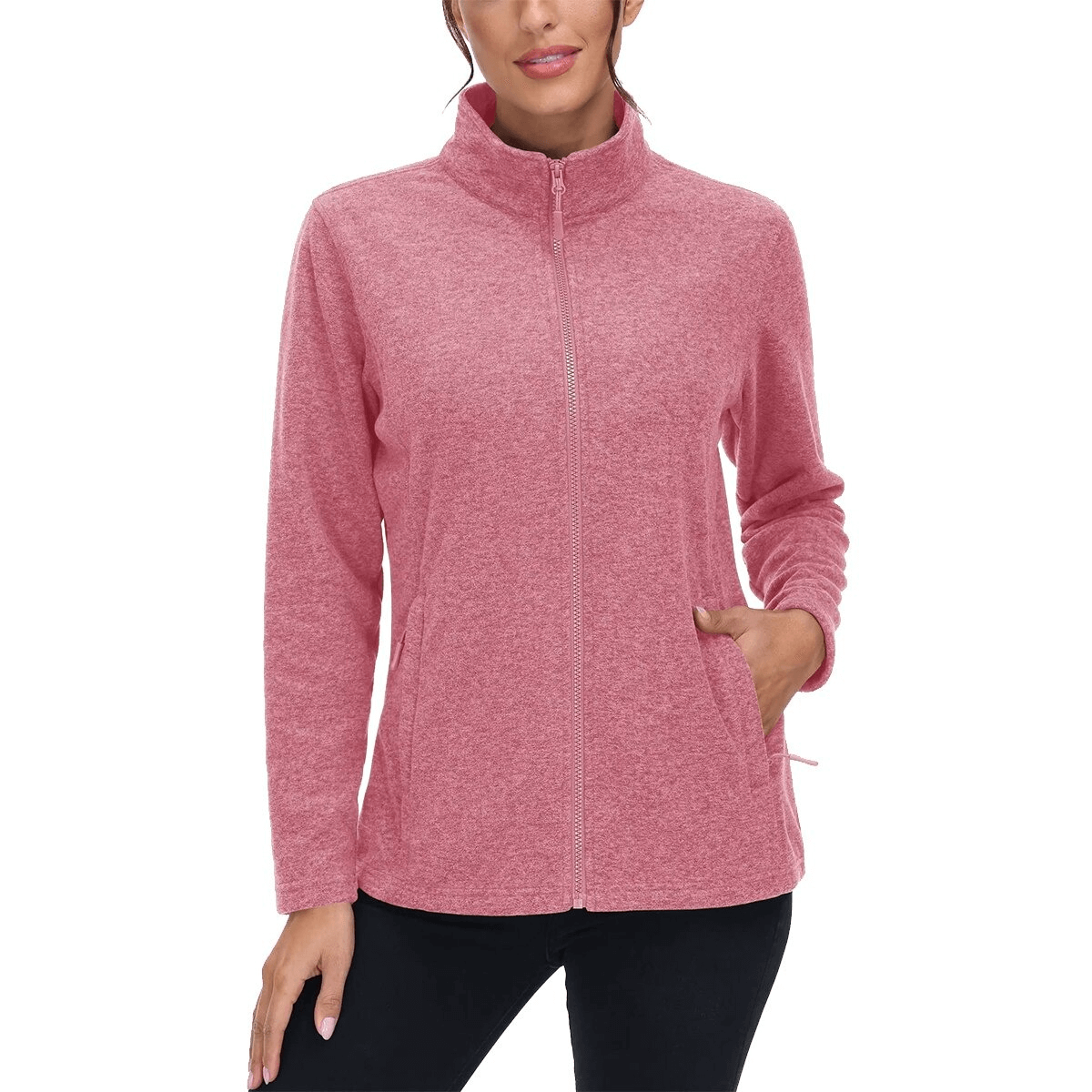 Pink fleece women's sweatshirt with zipper, pockets, and stand collar, designed for running, providing warmth and style. Model showcases fit.