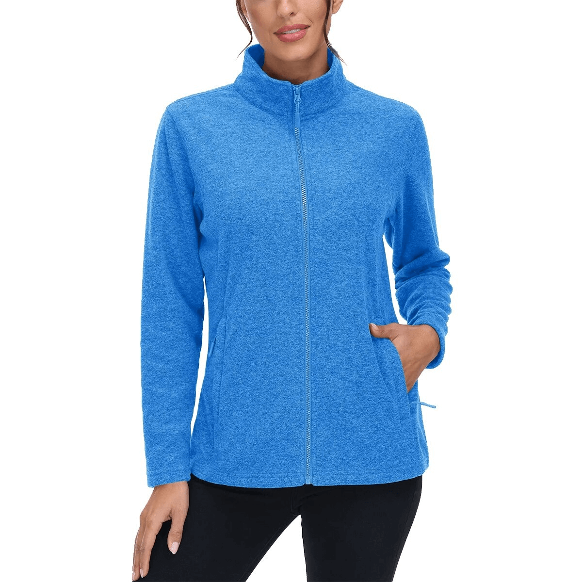 Woman wearing blue fleece women's sweatshirt with zipper for running, featuring stand collar and pockets, designed for warmth and style.