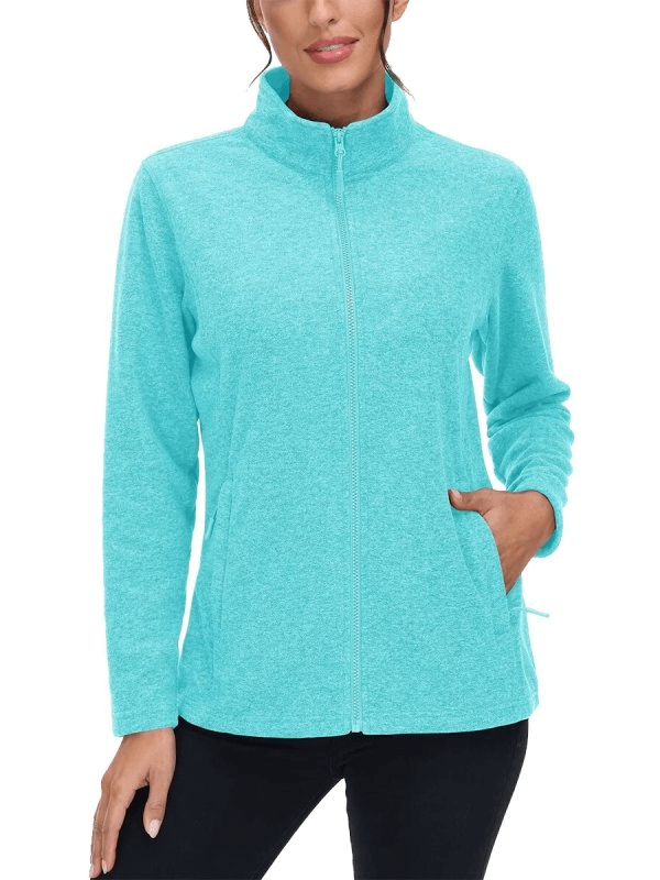 Fleece women's sweatshirt with zipper for running, in bright turquoise, featuring stand collar and pockets for warmth and style.