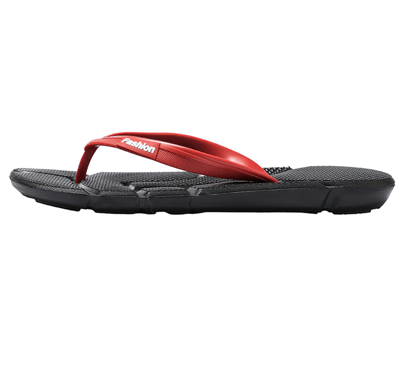 Flexible lightweight beach flip flops for men, casual massage shoes in gray and red, crafted with PVC uppers and EVA soles.